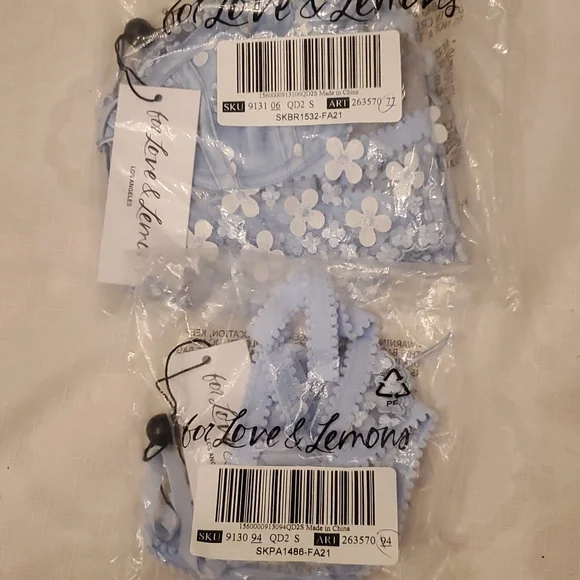 For Love and Lemons 3pc SET Blue Daisy Embroidered Bra, Thong & Garter